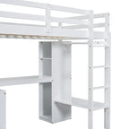 Cama alta doble blanca de madera maciza con escritorio en forma de L, armario y estantes de almacenamiento
