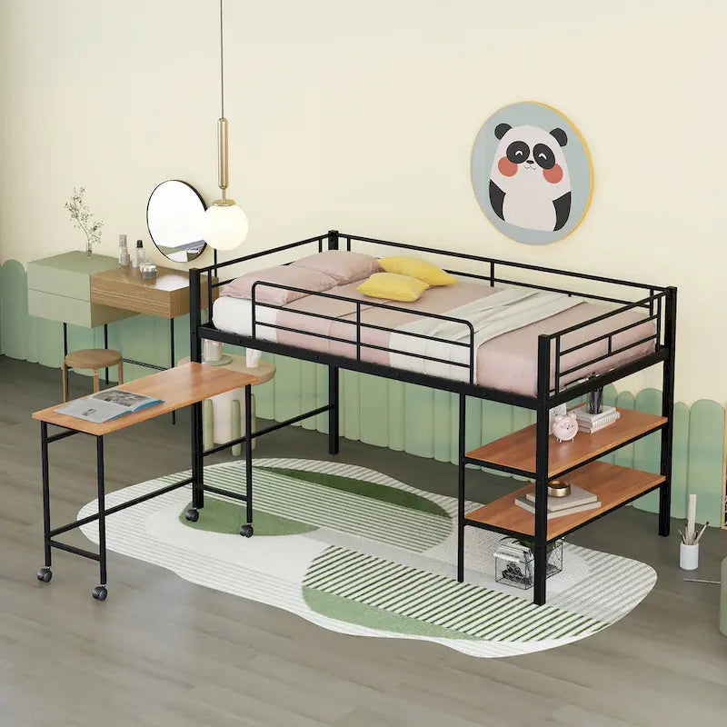 Cama alta metálica negra de tamaño individual con escritorio y estantes | Niños y adolescentes