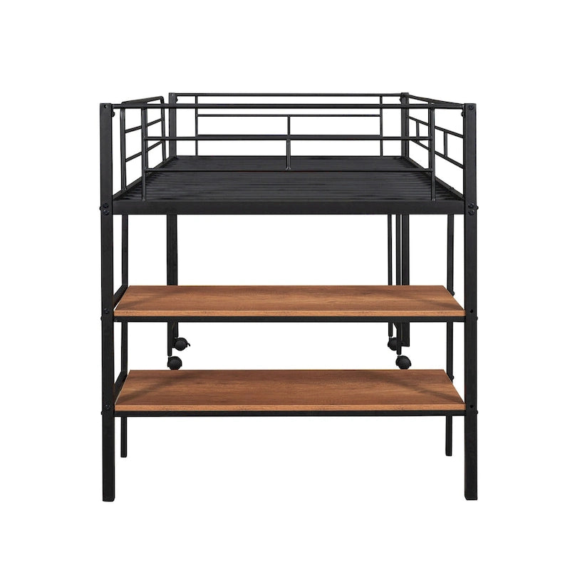 Cama alta metálica negra de tamaño individual con escritorio y estantes | Niños y adolescentes