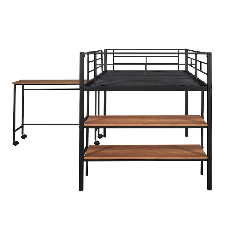 Cama alta metálica negra de tamaño individual con escritorio y estantes | Niños y adolescentes