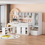 Cama loft de madera blanca de tamaño completo con armario, escritorio debajo de la cama, cajones y estantes