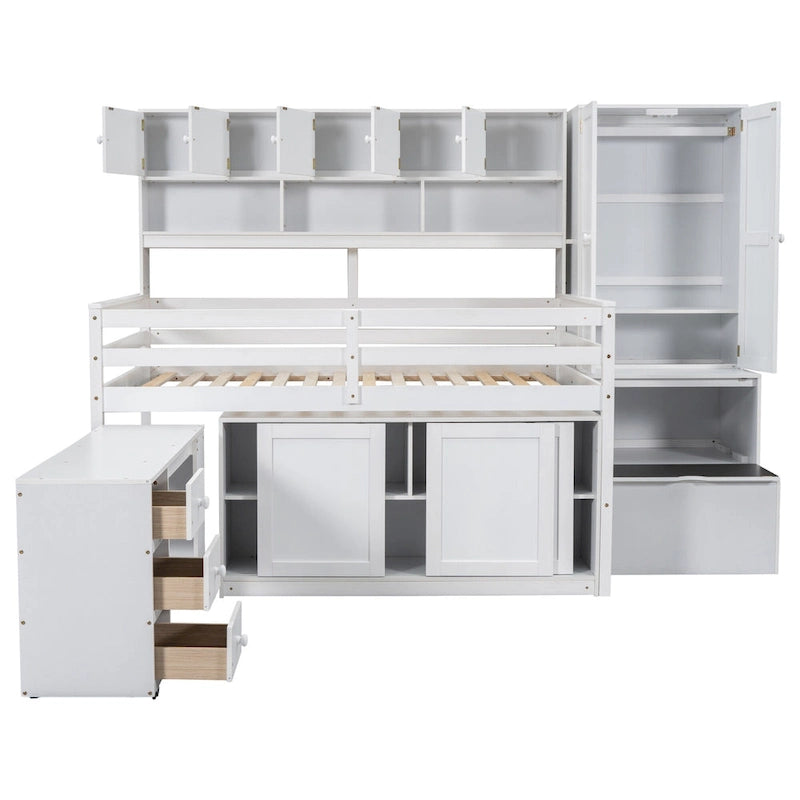 Cama loft de madera blanca de tamaño completo con armario, escritorio debajo de la cama, cajones y estantes