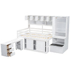 Cama loft de madera blanca de tamaño completo con armario, escritorio debajo de la cama, cajones y estantes