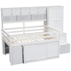 Cama loft de madera blanca de tamaño completo con armario, escritorio debajo de la cama, cajones y estantes