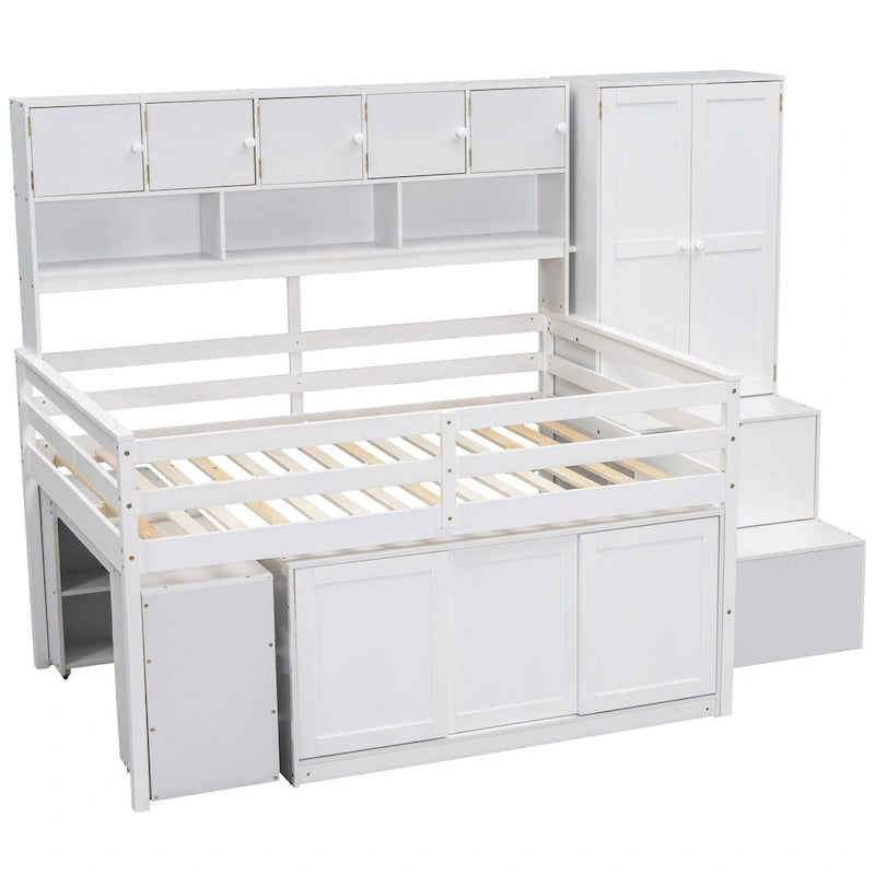 Cama loft de madera blanca de tamaño completo con armario, escritorio debajo de la cama, cajones y estantes