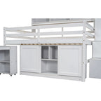 Cama loft de madera blanca de tamaño completo con armario, escritorio debajo de la cama, cajones y estantes