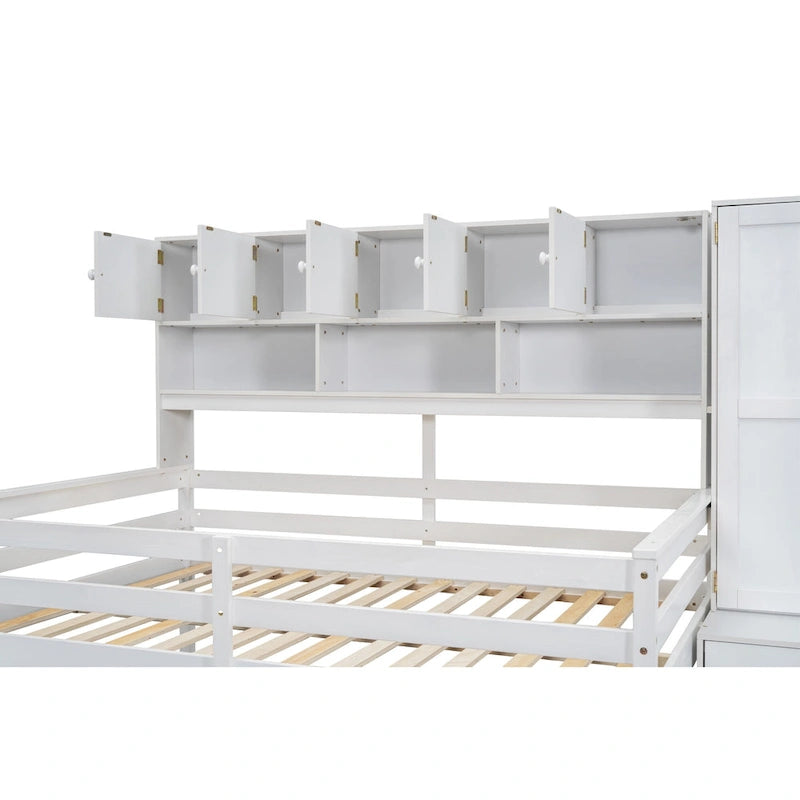 Cama loft de madera blanca de tamaño completo con armario, escritorio debajo de la cama, cajones y estantes