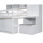 Cama loft de madera blanca de tamaño completo con armario, escritorio debajo de la cama, cajones y estantes