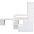 Cama loft de madera blanca de tamaño completo con armario, escritorio debajo de la cama, cajones y estantes