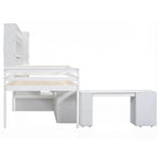 Cama loft de madera blanca de tamaño completo con armario, escritorio debajo de la cama, cajones y estantes