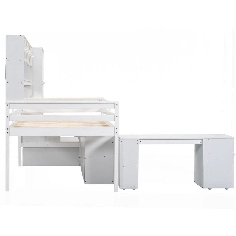 Cama loft de madera blanca de tamaño completo con armario, escritorio debajo de la cama, cajones y estantes
