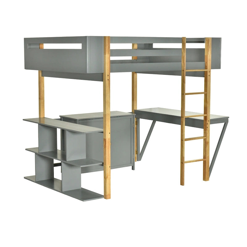 Cama alta de madera maciza gris tamaño matrimonial con gabinete de almacenamiento, cubos y escritorio plegable