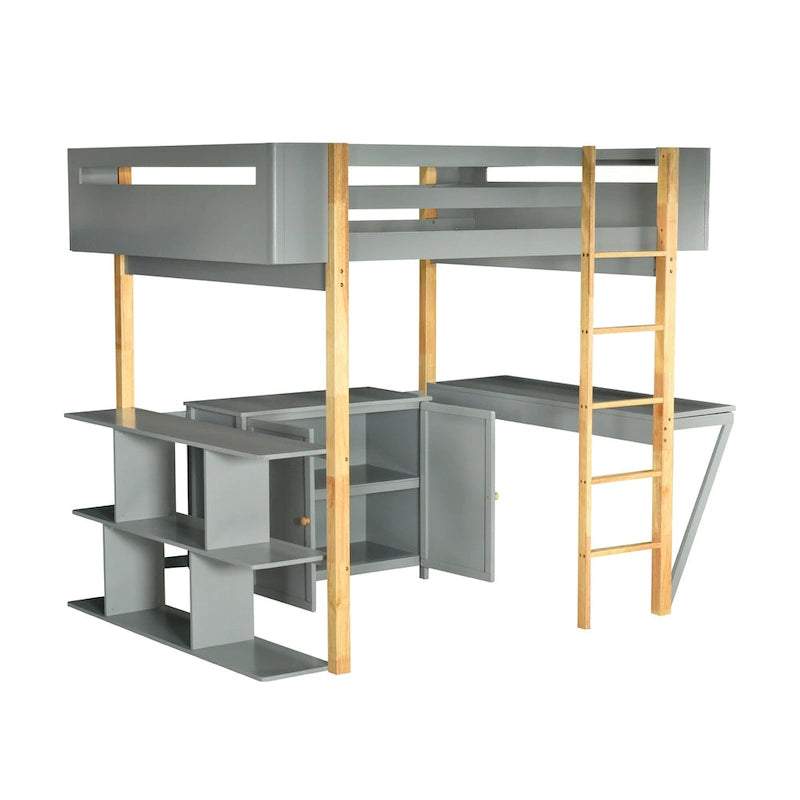Cama alta de madera maciza gris tamaño matrimonial con gabinete de almacenamiento, cubos y escritorio plegable