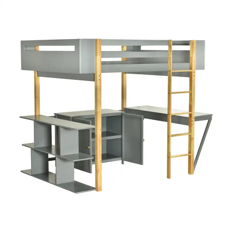 Cama alta de madera maciza gris tamaño matrimonial con gabinete de almacenamiento, cubos y escritorio plegable