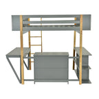 Cama alta de madera maciza gris tamaño matrimonial con gabinete de almacenamiento, cubos y escritorio plegable