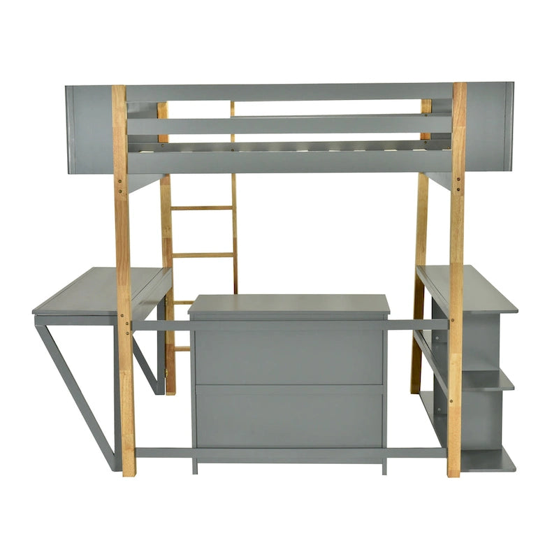 Cama alta de madera maciza gris tamaño matrimonial con gabinete de almacenamiento, cubos y escritorio plegable