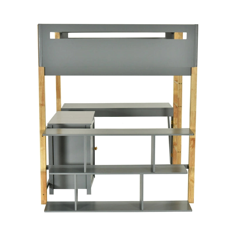 Cama alta de madera maciza gris tamaño matrimonial con gabinete de almacenamiento, cubos y escritorio plegable