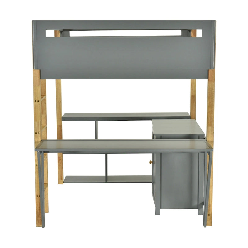 Cama alta de madera maciza gris tamaño matrimonial con gabinete de almacenamiento, cubos y escritorio plegable