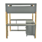 Cama alta de madera maciza gris tamaño matrimonial con gabinete de almacenamiento, cubos y escritorio plegable