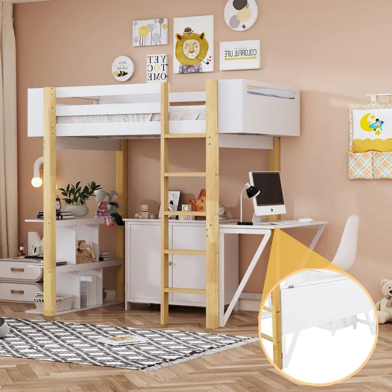 Cama alta blanca individual de madera maciza con armario de almacenamiento, cubos y escritorio plegable