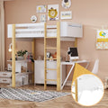 Cama alta blanca individual de madera maciza con armario de almacenamiento, cubos y escritorio plegable