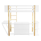 White Twin Size Solid Wood Loft Bed With Built-in Storage Cabinet and Cubes, Foldable desk