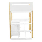 Cama alta blanca individual de madera maciza con armario de almacenamiento, cubos y escritorio plegable