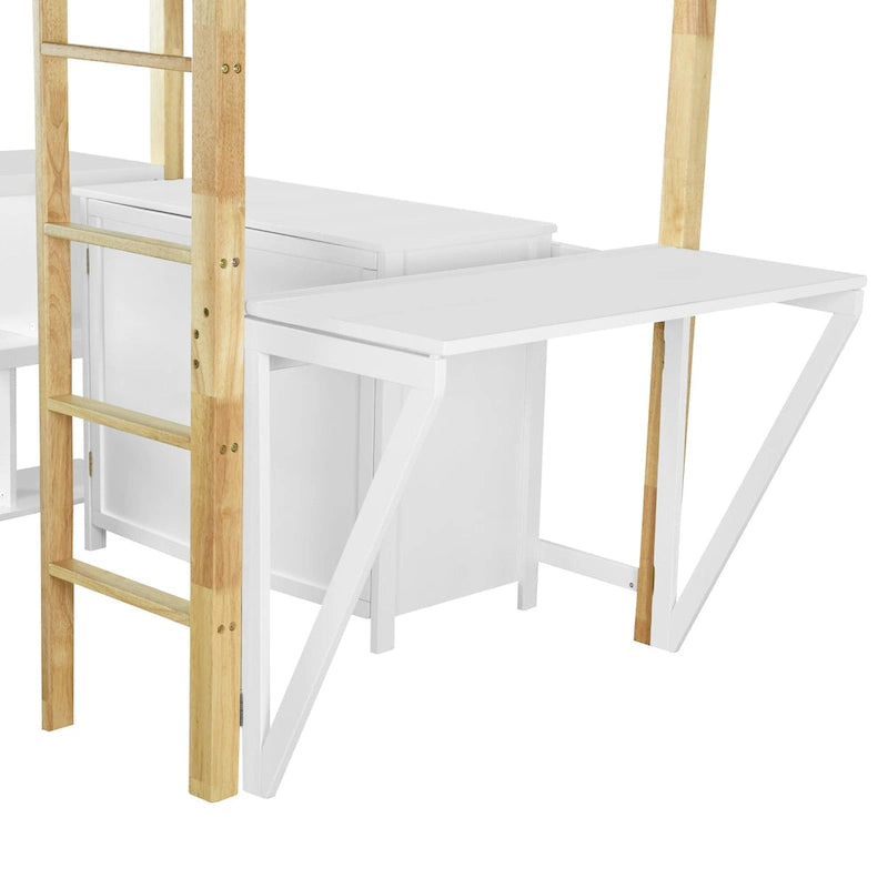 Cama alta blanca individual de madera maciza con armario de almacenamiento, cubos y escritorio plegable