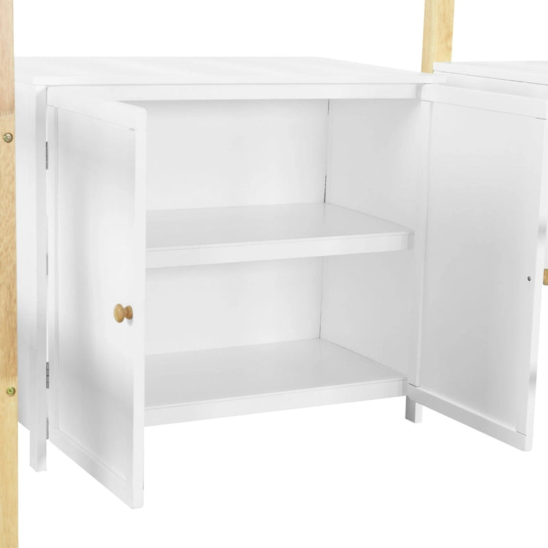 Cama alta blanca individual de madera maciza con armario de almacenamiento, cubos y escritorio plegable