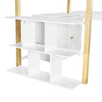 Cama alta blanca individual de madera maciza con armario de almacenamiento, cubos y escritorio plegable