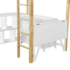 Cama alta blanca individual de madera maciza con armario de almacenamiento, cubos y escritorio plegable