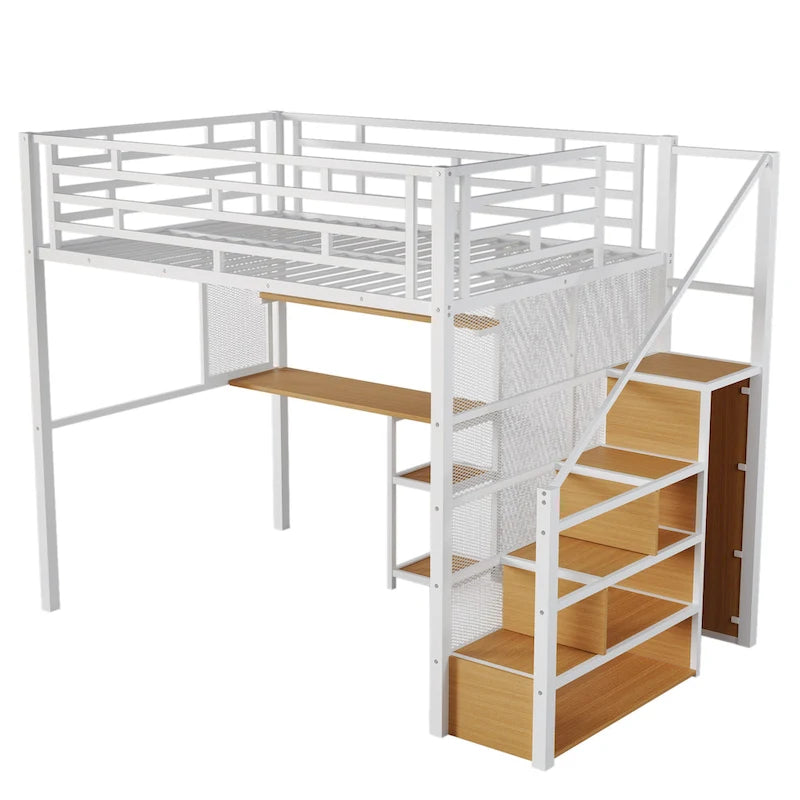Cama alta de metal blanca de tamaño completo con armario, escritorio y estantes de almacenamiento | Ahorro de espacio