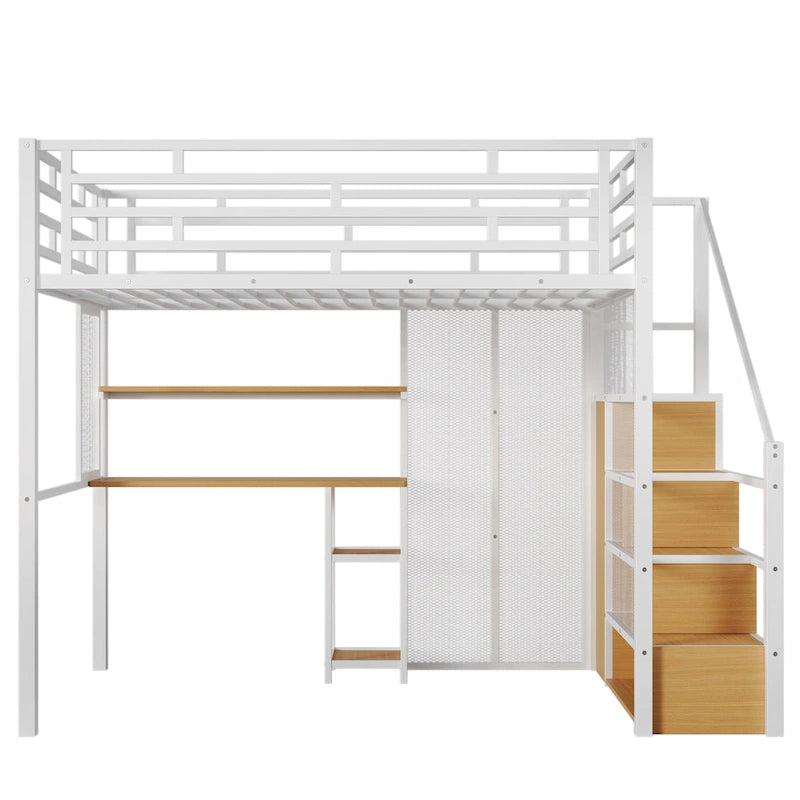 Cama alta de metal blanca de tamaño completo con armario, escritorio y estantes de almacenamiento | Ahorro de espacio