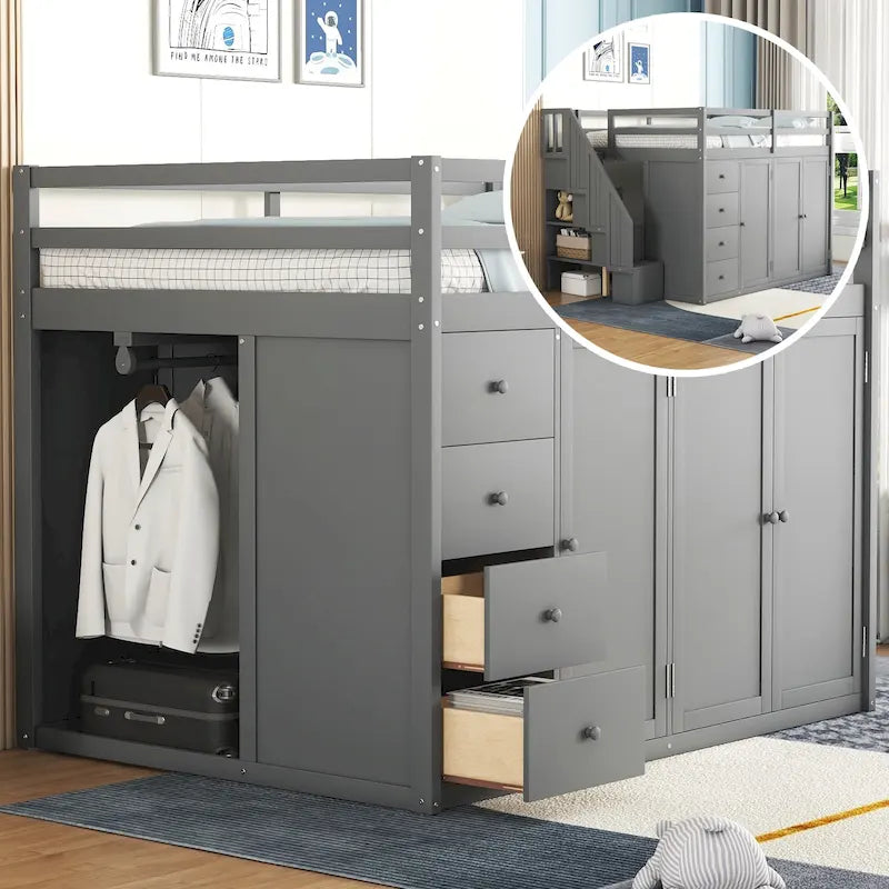 Cama alta de madera gris tamaño completo con armarios, gabinetes y cajones incorporados