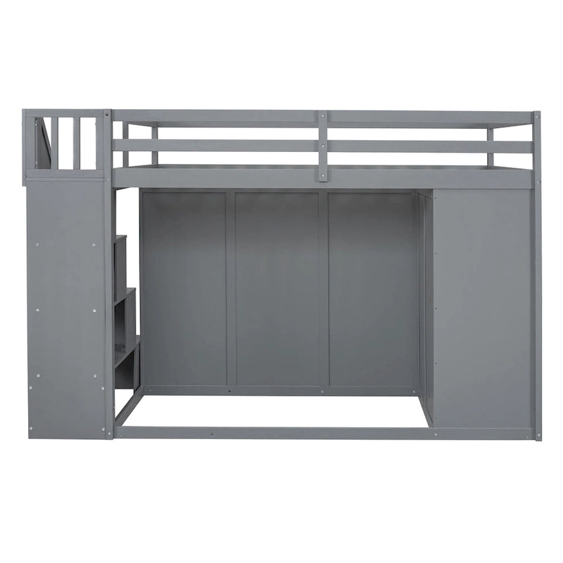 Cama alta de madera gris tamaño completo con armarios, gabinetes y cajones incorporados