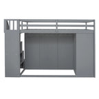 Cama alta de madera gris tamaño completo con armarios, gabinetes y cajones incorporados