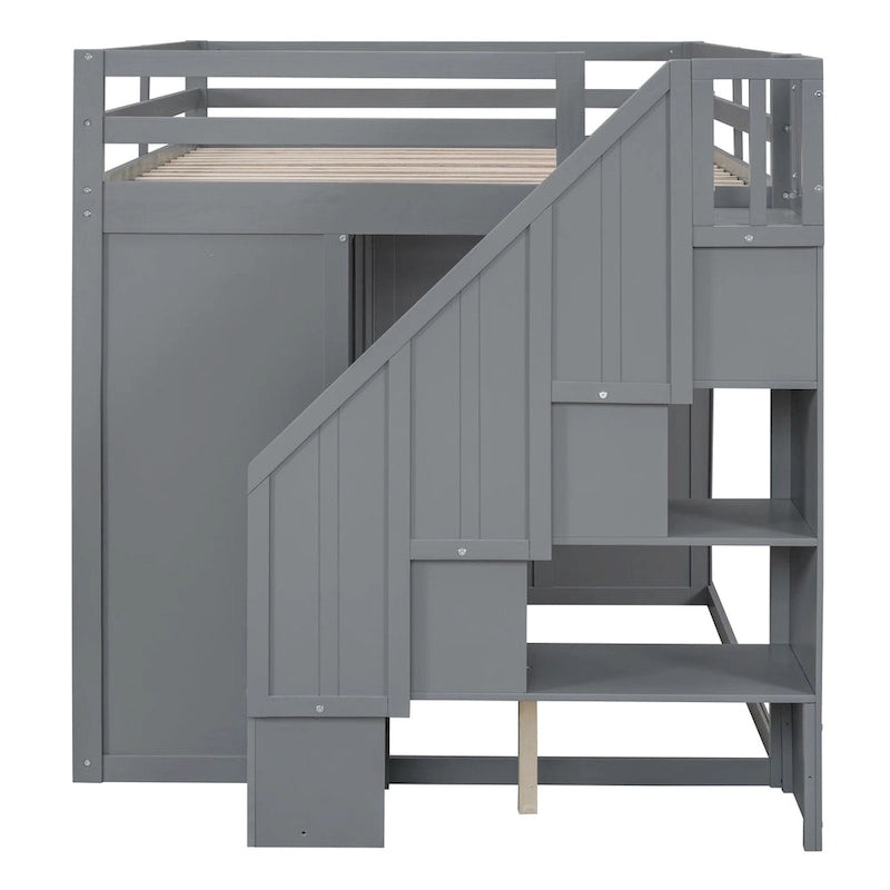 Cama alta de madera gris tamaño completo con armarios, gabinetes y cajones incorporados
