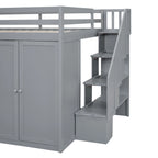 Cama alta de madera gris tamaño completo con armarios, gabinetes y cajones incorporados
