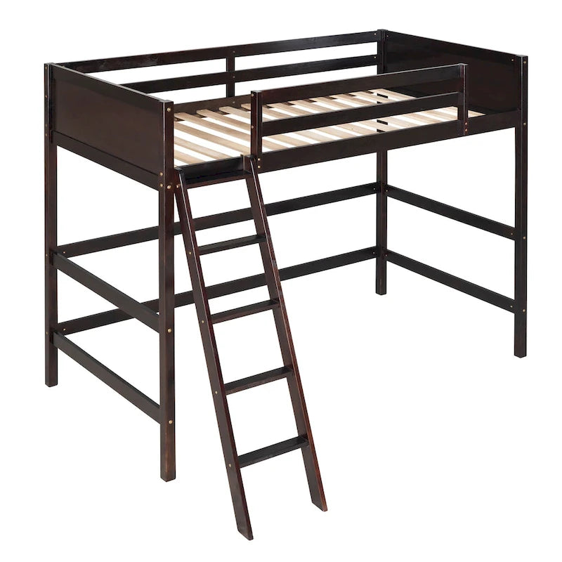 Litera elevada Espresso Twin de madera maciza con escalera inclinada, barandillas y 14 listones
