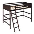 Litera elevada Espresso Twin de madera maciza con escalera inclinada, barandillas y 14 listones
