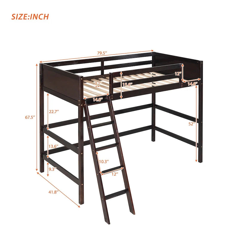 Litera elevada Espresso Twin de madera maciza con escalera inclinada, barandillas y 14 listones