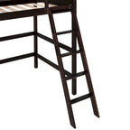 Litera elevada Espresso Twin de madera maciza con escalera inclinada, barandillas y 14 listones