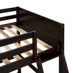 Litera elevada Espresso Twin de madera maciza con escalera inclinada, barandillas y 14 listones