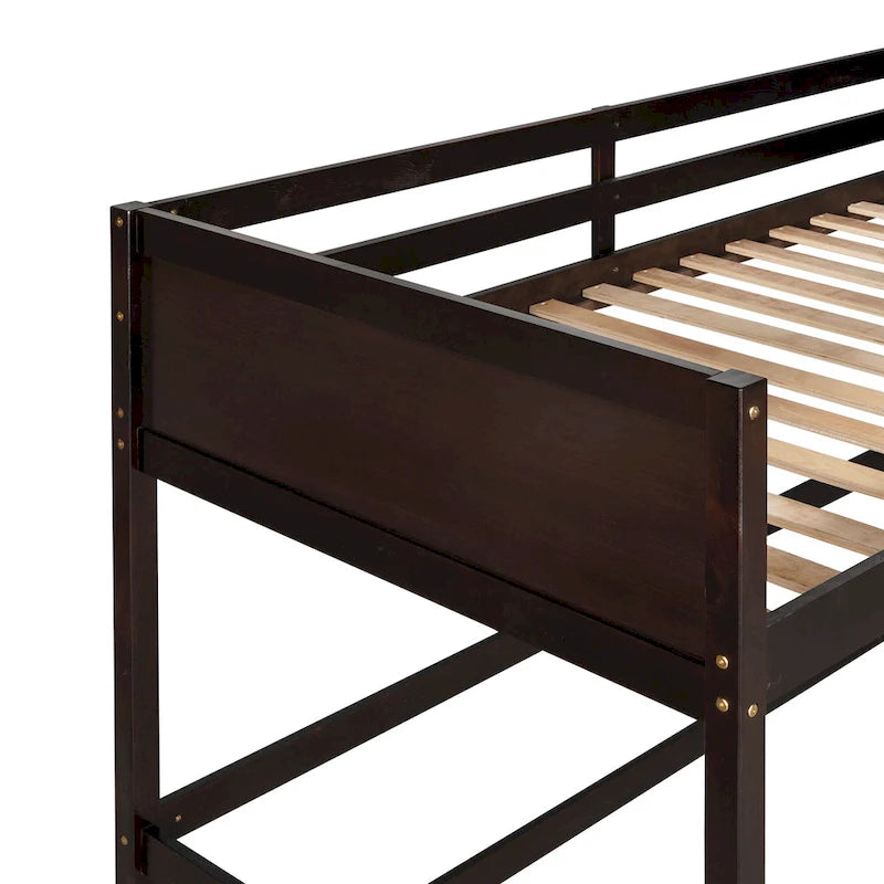 Litera elevada Espresso Twin de madera maciza con escalera inclinada, barandillas y 14 listones