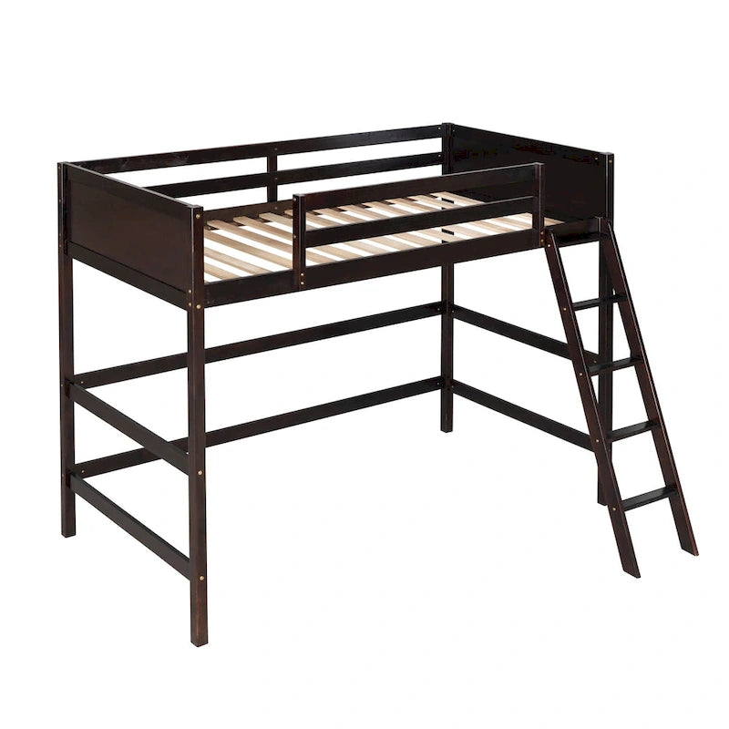 Litera elevada Espresso Twin de madera maciza con escalera inclinada, barandillas y 14 listones