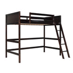 Litera elevada Espresso Twin de madera maciza con escalera inclinada, barandillas y 14 listones