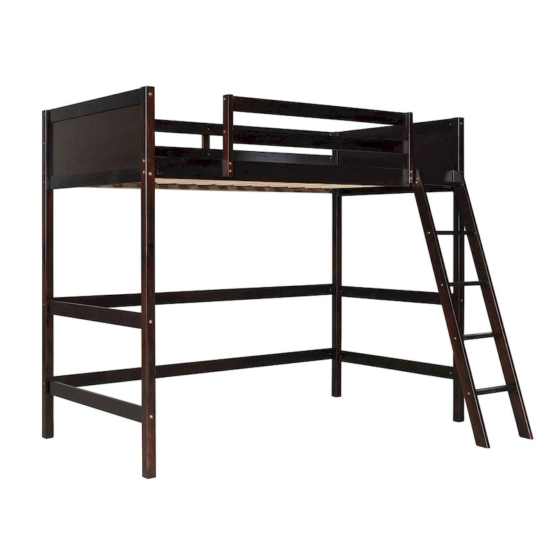 Litera elevada Espresso Twin de madera maciza con escalera inclinada, barandillas y 14 listones