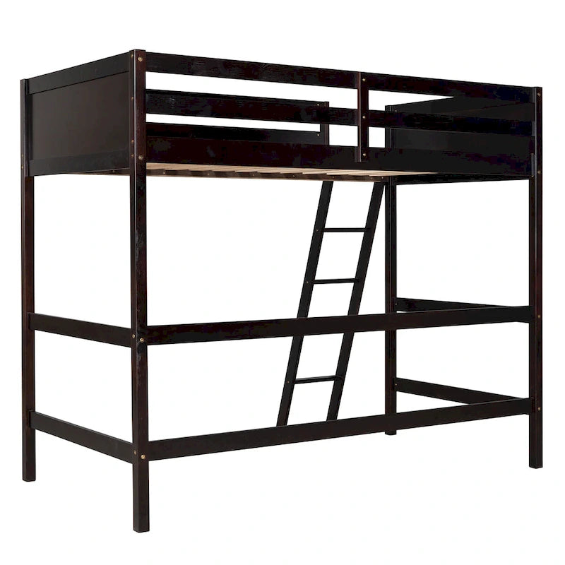 Litera elevada Espresso Twin de madera maciza con escalera inclinada, barandillas y 14 listones