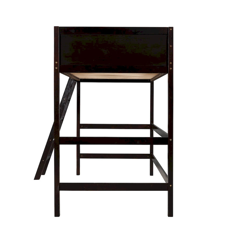 Litera elevada Espresso Twin de madera maciza con escalera inclinada, barandillas y 14 listones