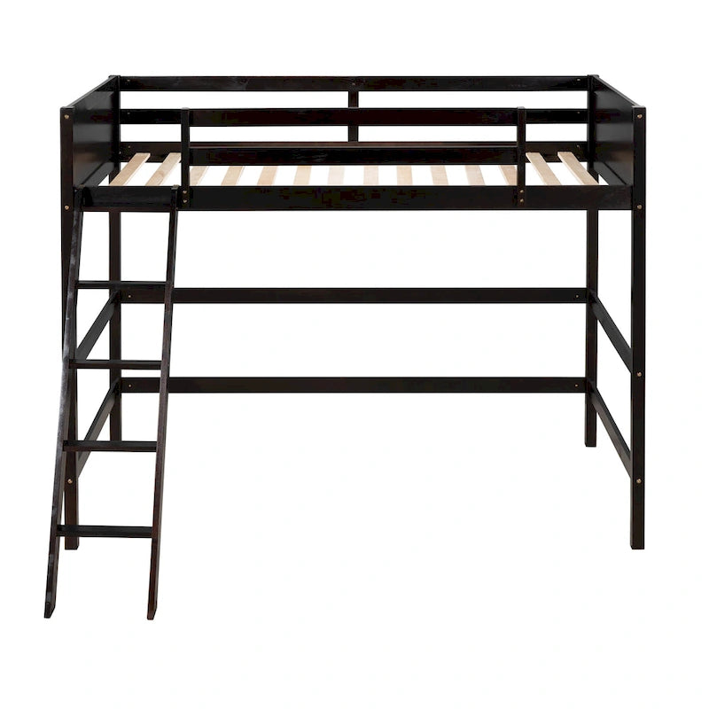Litera elevada Espresso Twin de madera maciza con escalera inclinada, barandillas y 14 listones